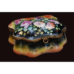 F. Poujol , Grand Coffret, boite En Porcelaine De Limoges, Bonbonnière Décor Floral peint main