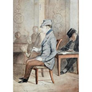 Watercolor, Pipe Smoker, Lively Scene, Distinguished Man Smoking A Pipe