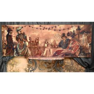 Très Important tableau, fresque d'une scène animée de la vie Parisienne en 1900, signée Mitch