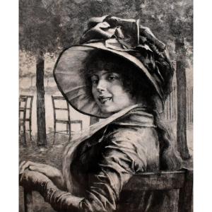 Gravure De Daniel Charles Marie Mordant d'Après Albert Edelfelt. Portrait d'une Jeune Elégante