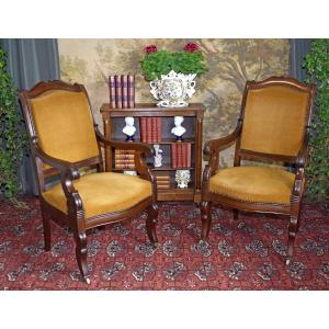 Pair Of Armchairs Made Of Mahogany And Mahogany Veneer, Restoration Period, 19th Century, Velour Upholstery