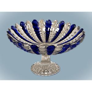 Grande coupe en cristal de couleur blanc et bleu Sur Pied Douche , centre de table bicolore