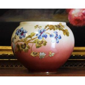 Leon Sazerat, Planters, Limoges Porcelain Ball-shaped Vase With Floral Decor And Gold Leaf