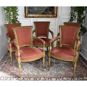 Set Of 4 Directoire-style Armchairs In Almond-green Lacquered Wood With A Fresh Coat Of Paint, Late 19th-century Living Room