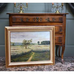 peinture paysage de campagne, tableau scène champêtre au printemps, champs et charrue