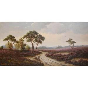 Thomas Van Wissen tableau champêtre , paysage de campagne , champs de bruyères ,
