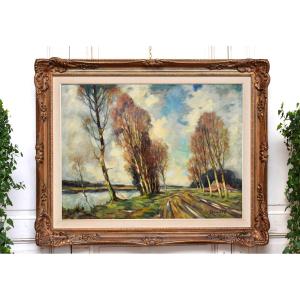 Léo Libert  Liège School, Landscape "marais En Campine"  Dated 1964, Painting  And Carved Frame