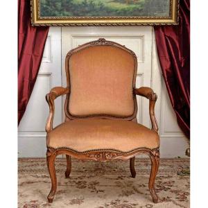 Large Louis XV-era Armchair, Flat "la Reine" Backrest, 18th Century, Velvet Upholstery