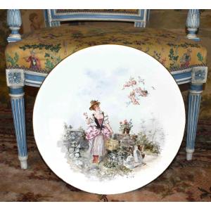 H. Cros Important Plat Décoratif Peint à La Main, Faïence Fine, XIXe, Décor Femme Et Angelots