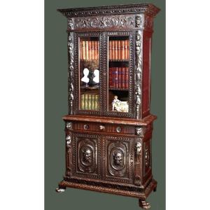 Vitrine Style Renaissance, buffet Bibliothèque vitrée à deux corps, Mascarons, Cariatides