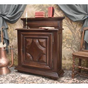 Sideboard, Louis XIII-style 1-door Sideboard In Solid Walnut With Diamond-shaped Inlays,  
