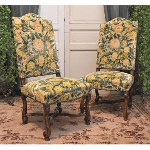 Pair Of Louis XIV-style Chairs In Walnut, With X-shaped Crossbars, Console Legs, And Velvet Upholstery