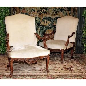 Pair Of Large Regency-style Armchairs With High Backs And Wide Seats, Velvet Upholstery, 19th Century