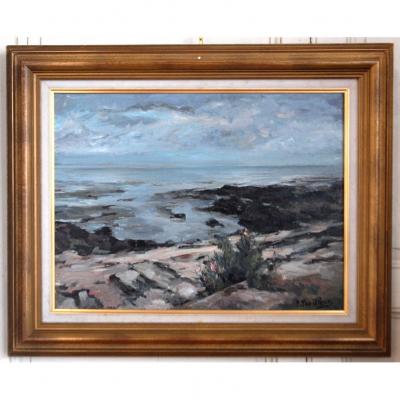 Table Landscape Seaside, Painting Signed P.papillaud.