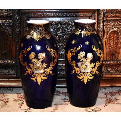 Paire De Grands Vases, Vase  En Porcelaine,  Bleu De Four, Guérin Limoges , 