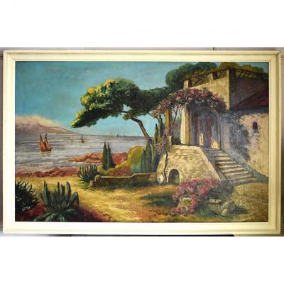 L. Dubois (XIX-XXème). Bord De Mer. Grand Tableau Paysage Méditérranéen.