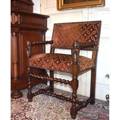 Chaise à Bras, Fauteuil Style Louis XIII En Noyer , XIXème.