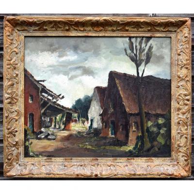 Van De Wurcker Painting Village View, Oil On Canvas Framed.