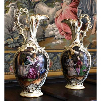 Pair Of Limoges Porcelain Ewers Renaissance Decor, Entirely Hand Painted.