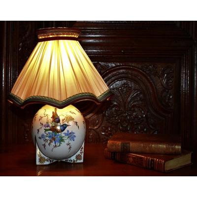 Lamp Base In Limoges Porcelain With Bird Decor.
