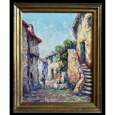 Small Provencal Village Landscape, Lively Alley Scene Painting, Fountain And Character.