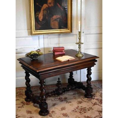 Desk, Louis XIII Style Table In Walnut, Twisted Feet, XIXth.