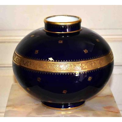 Fontanille - Marraud (1936) Grand Vase Boule , Bleu De Four Et Double Incrustation Or, 