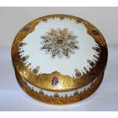 Large Limoges Porcelain Box, Double Gold Inlay, Aged Polished And Hand Painted.