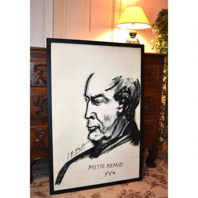 François Mitterrand By Jean Edern Hallier, Important Drawing In Ink, Dated And Signed 1994.