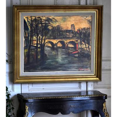 Limoges, François Faucher (1906-1985), View Of Un Pont Sur La Seine, Limousin Painter.