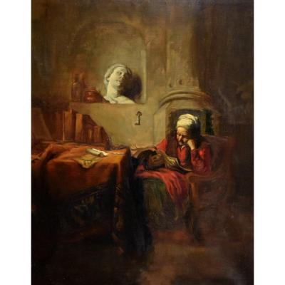 Ecole Du Nord From The 19th Century, Old Woman Reading In Her Interior.