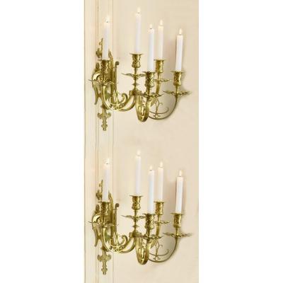 Pair Of Five-arm Sconces, Neo-renaissance Style In Gilt Bronze, Candle Lighting