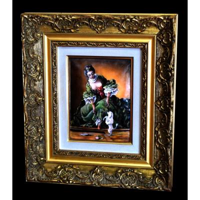 Email From Limoges Signed André Bureau, Woman With A Poodle In A Louis XV Golden Frame
