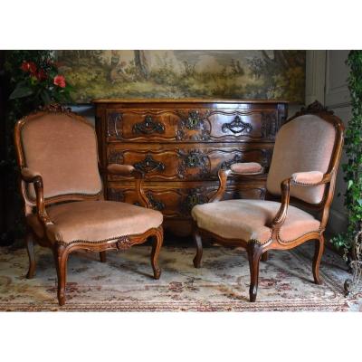 Pair Of Louis XV Style Armchairs In Solid Walnut, XIXth. Velvet Fabric Old Pink.