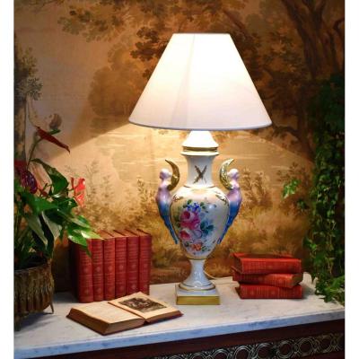 Grande Lampe En Porcelaine De Limoges, Décor Floral Peint Main