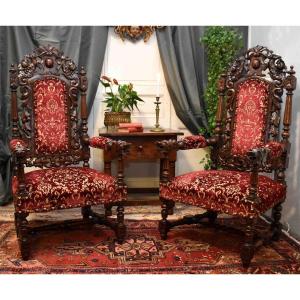 Pair Of Important Apparel Armchairs In Henri II Style, Renaissance, Solid Oak Fabric