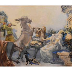 Pierre Valat Watercolor Representing The Fable: The Donkey And The Little Dog By Jean De La Fontaine