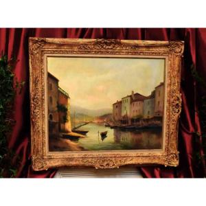 A. Mercier, Marine Painting, Sunrise On A Small Port, Montparnasse Frame