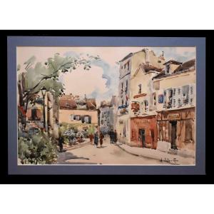 Henri Alexis Schaeffer ( 1900-1975). Aquarelle De La Place Du Tertre, Montparnasse à Paris, Scène de rue  animée .