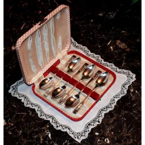 Box Of Six Small Coffee Spoons Or Art Deco Dessert, Box For Set Of 6 Cutlery.