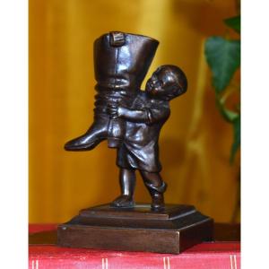 Bronze Sculpture, Statuette Subject Tom Thumb And The Boot Of Seven Leagues
