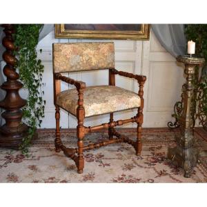 Louis XIII Style Arm Chair, Oak Armchair Covered With A Mechanical Tapestry, End