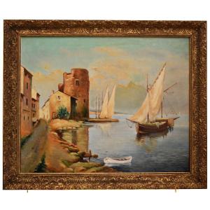 A.dufor. Landscape, Marine, Small Port Of Sea, Golden Frame