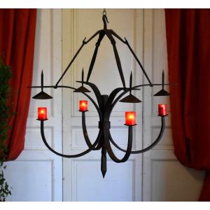 Wrought Iron Chandelier, Suspension With Four Arms Of Light, Lighting Candles