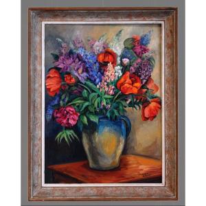 Large Framed Painting, Oil Painting On Canvas, Bouquet Of Flowers Signed Clavaud.