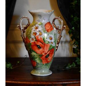 Hand Painted Limoges Porcelain Vase, Nineteenth, Napoleon III, Poppies And Daisies.