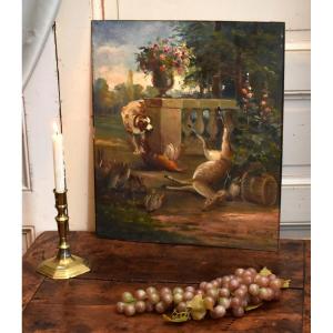 Simoneton Adrian (1862-1949). Oil On Panel, Hunting Dog And Game. Doe Pheasant