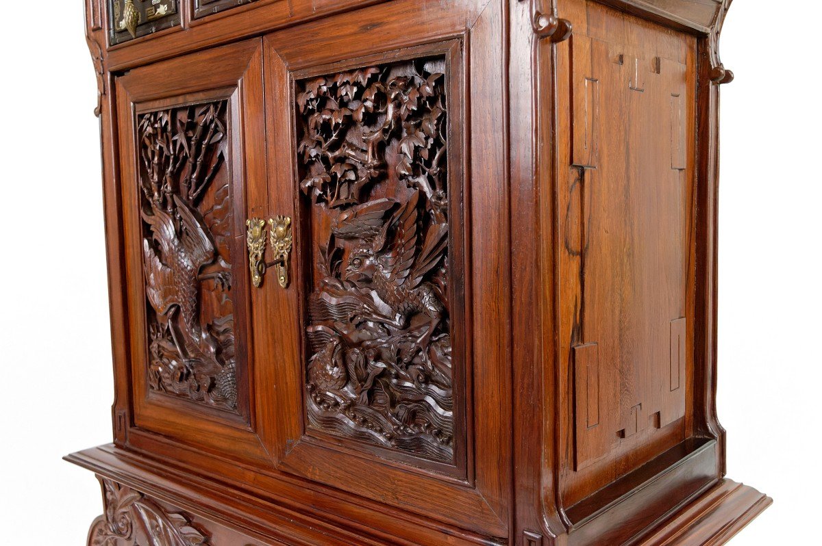 Important Cabinet Asiatique En Bois Sculpté, Vietnam Ou Chine, Circa 1880-photo-5