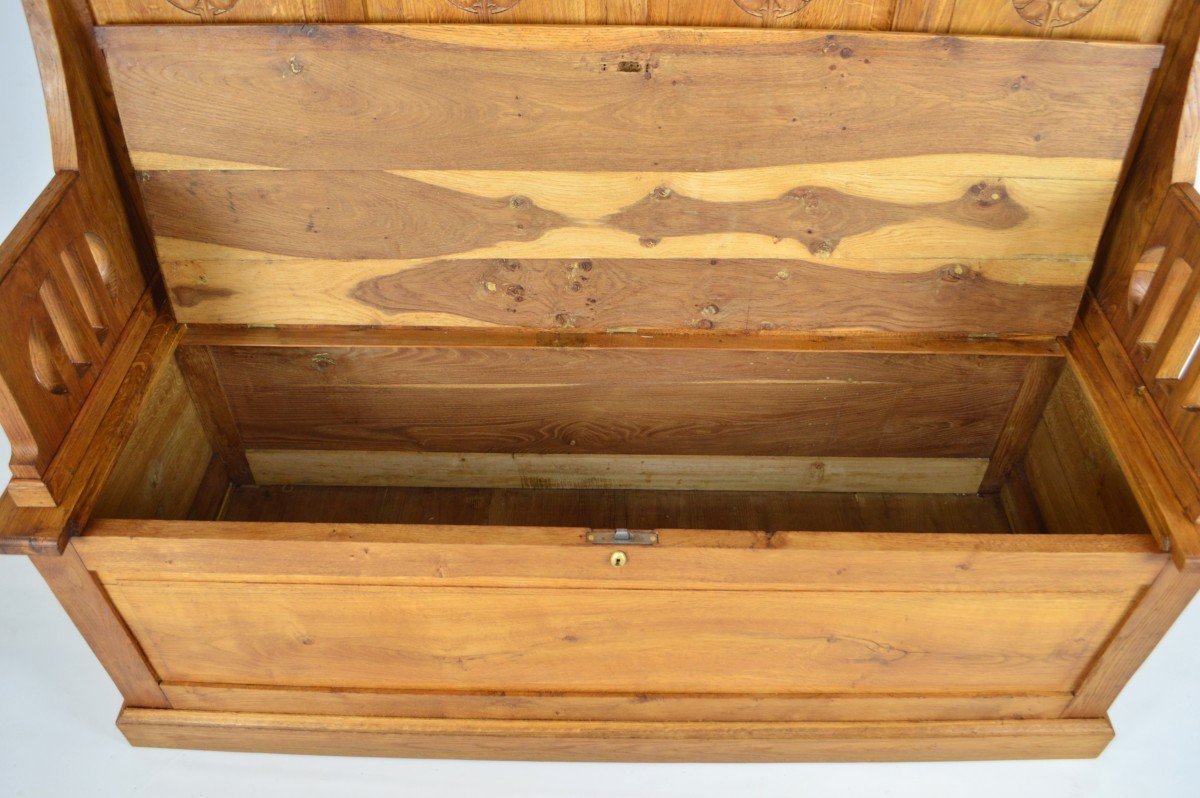 Art Nouveau Safe Bench / Cloakroom In Carved Oak, Italy, Circa 1900-photo-2