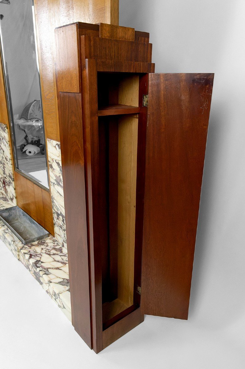 Important Art Deco Cloakroom / Coat Rack In Oak, Marble And Mahogany, Circa 1925-photo-2